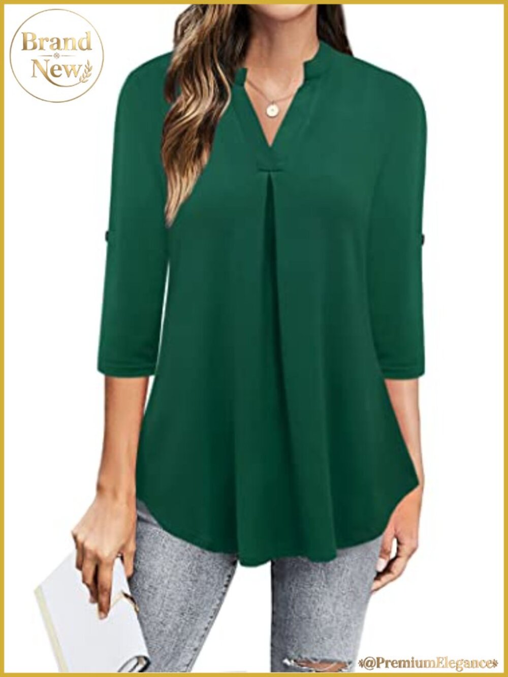 Women's 3/4 Sleeve V-Neck Chiffon Blouse Dressy Casual Tunic Top